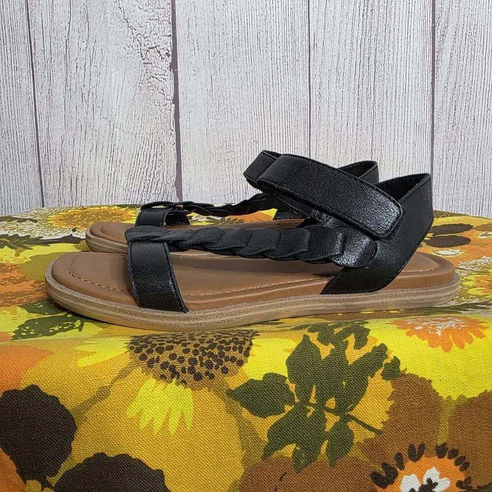 Lucky Brand Natany Black Leather Flat Sandals Braided T Strap Ankle - Size 6